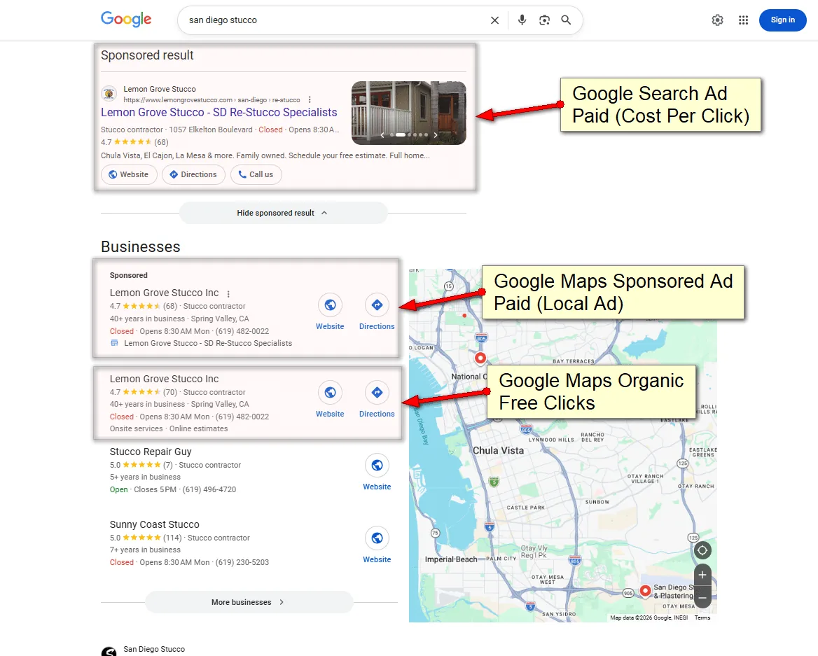 Lemon Grove Stucco: paid Search ad, sponsored Maps ad and organic Maps listing for “san diego stucco.”